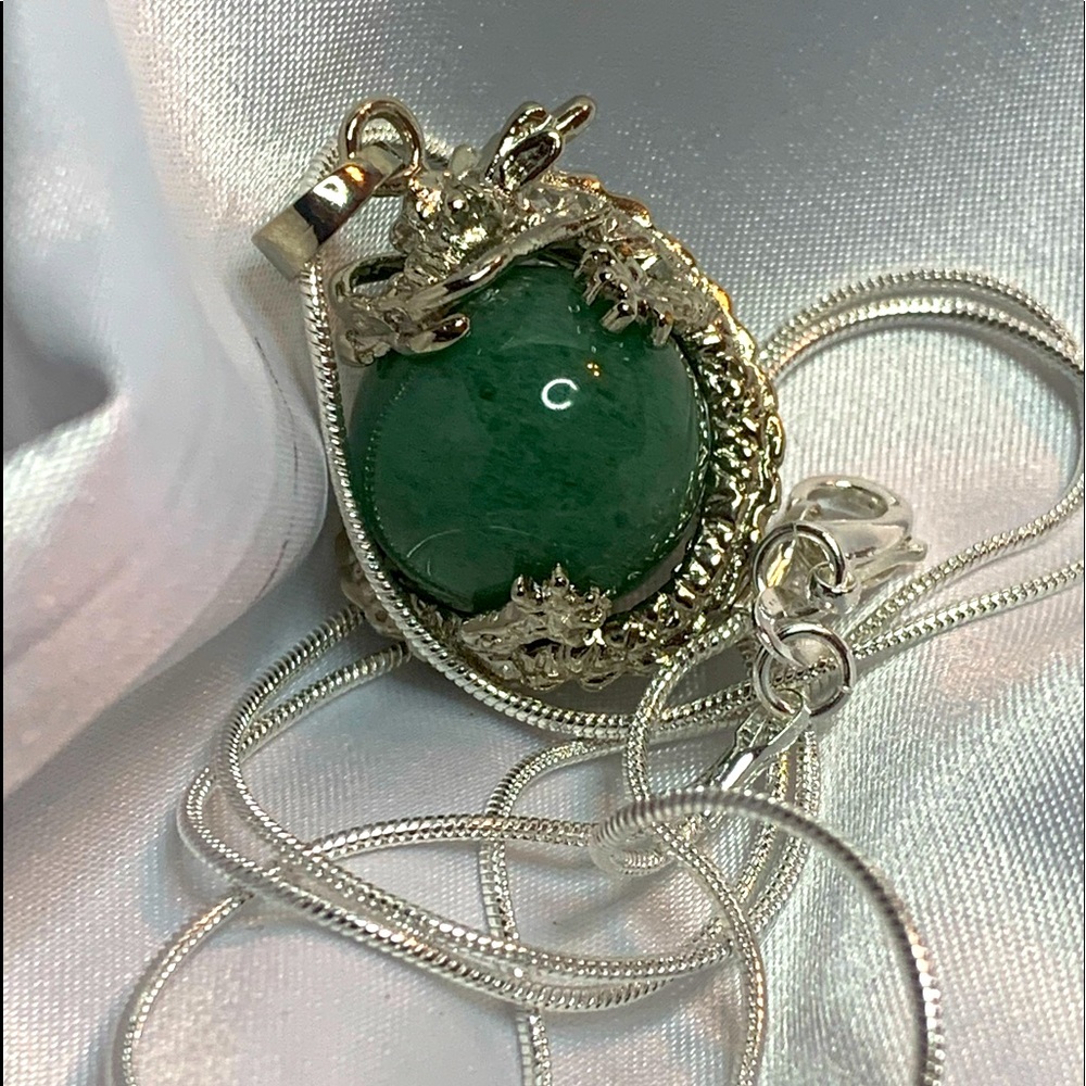Green Aventurine and Silver dragon ball necklace.